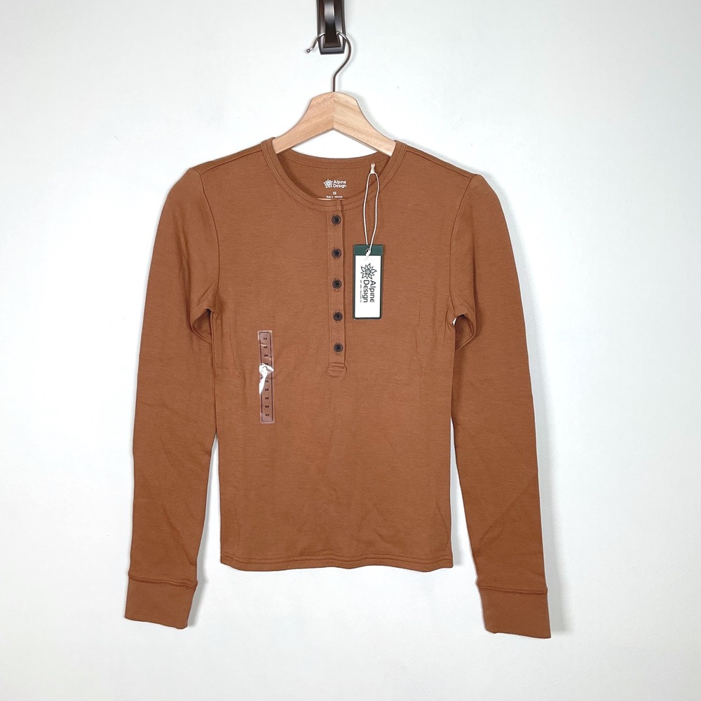 Alpine Design Henley Shirt Long Sleeve‎ Button Front Caramel XS